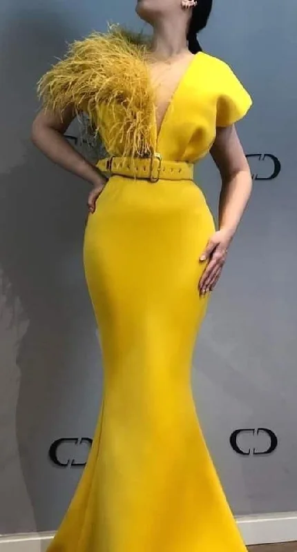 feather evening dresses yellow long mermaid modest short sleeve elegant evening gown Prom Dresses cg14199 feather evening dresses yellow long mermaid modest short sleeve elegant evening gown Prom Dresses cg14199