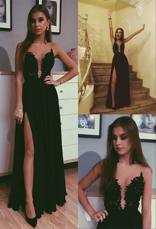 A-Line Chiffon Black Prom Dress with Appliques Beading Split Long Evening Dress  cg469