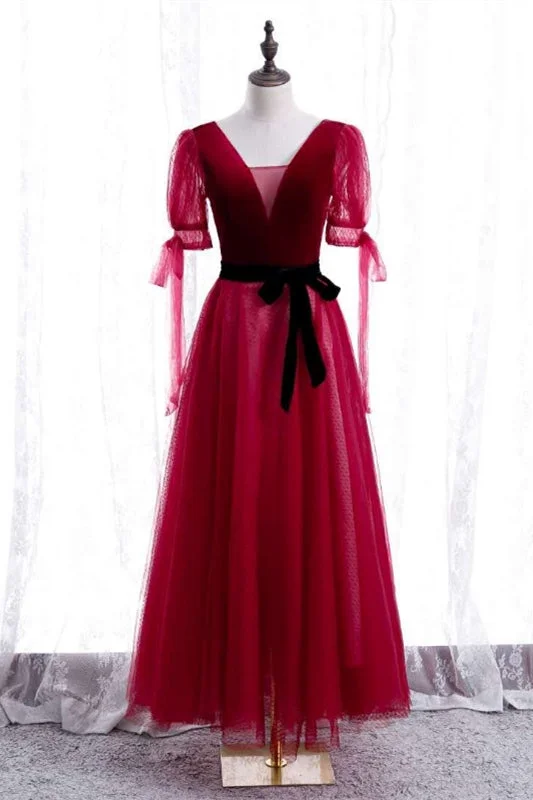 Red V Neck Puff Sleeves Bow Tie A-line Ankle Length Formal Dress with Sash