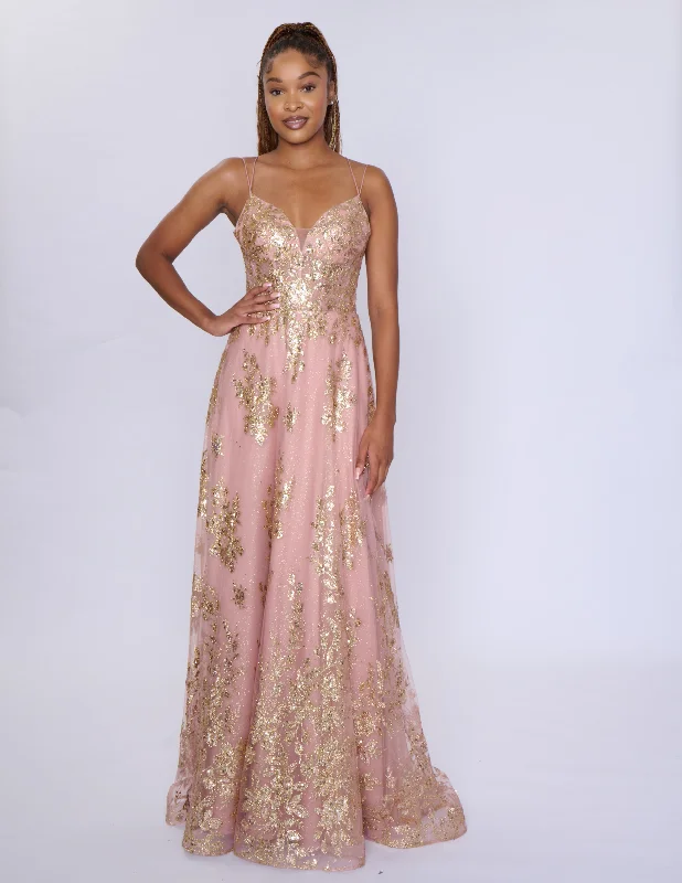 Nina Canacci 1589 Size 12 Rose Gold Sheer Sequin A Line Prom Dress Corset Formal Evening Gown V Neck Gown
