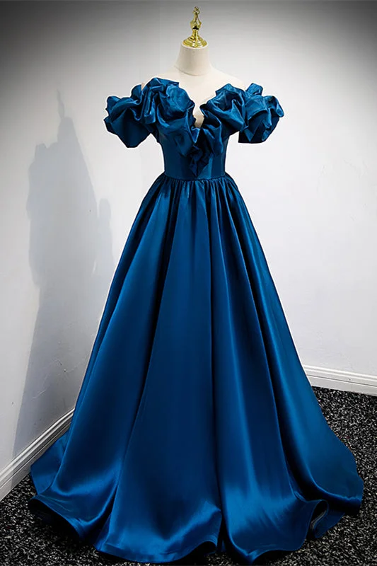 Dark Blue Ruffle Off-the-Shoulder V Neck Lace-Up Long Formal Dress
