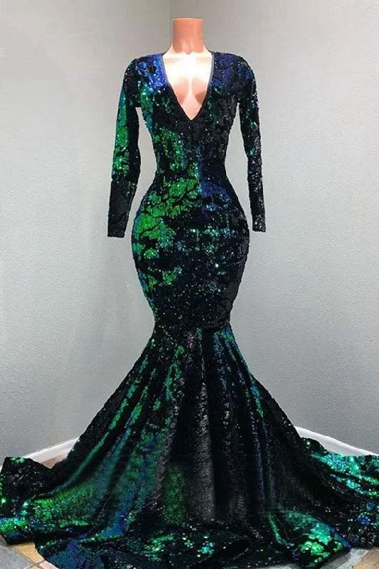 Sparkly Sequin Long Sleeve V-neck Mermaid Prom Dresses   cg18922
