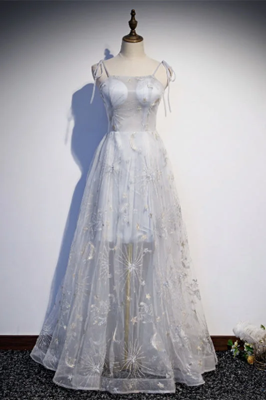Grey A-line Bow Tie Shoulder Gold Embroidery Long Formal Dress