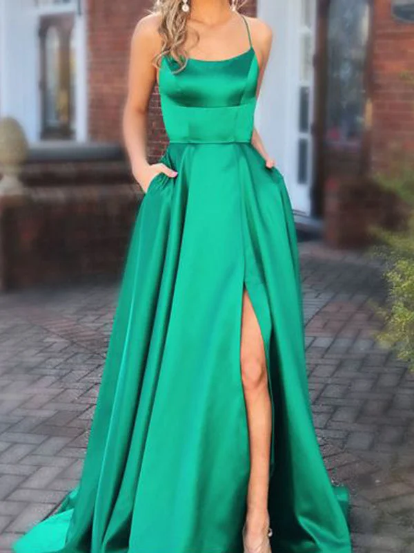 Inexpensive Green Spaghetti Strap Open Back Side Slit Floor Length Evening Prom Dresses, SW0066