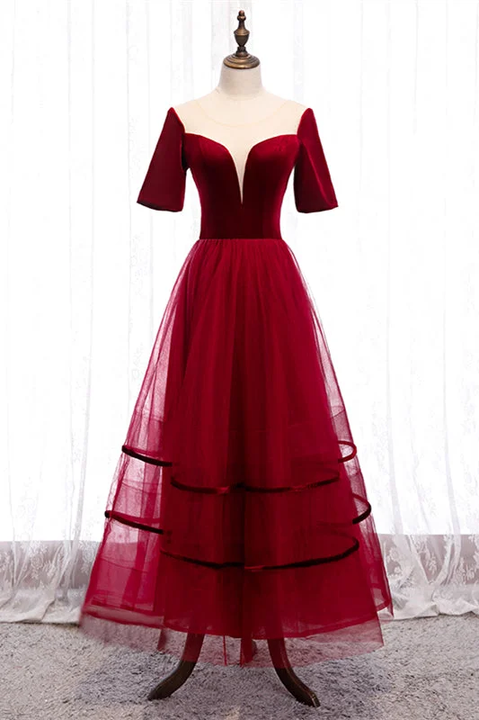 Red Illusion Deep V Neck Sleeves Straps Detail Tulle Ankle Length Formal Dress