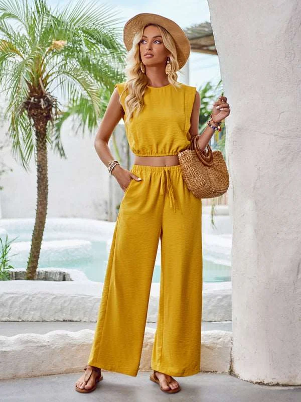Women Round neck slim fit sleeveless top and trousers two piece set Trousers Velvet Soft