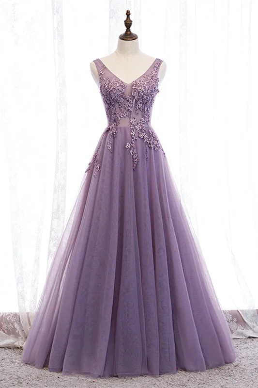 Lavender A-line V Neck Sleeveless Beaded Appliques Maxi Formal Dress
