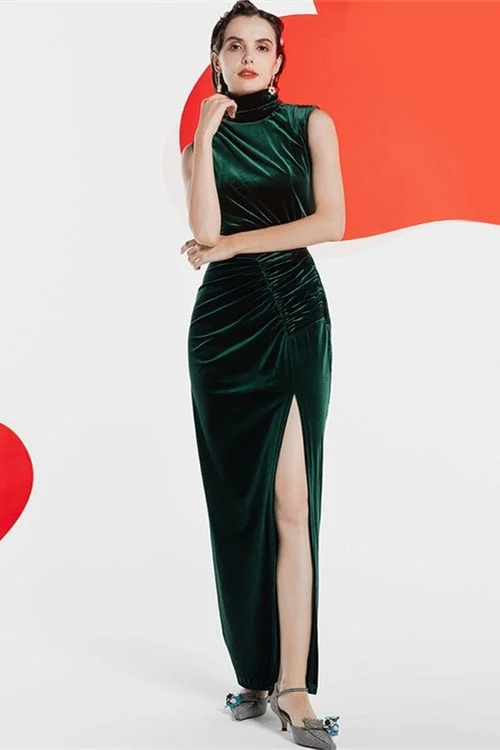 High Neck Dark Green Velvet Dress