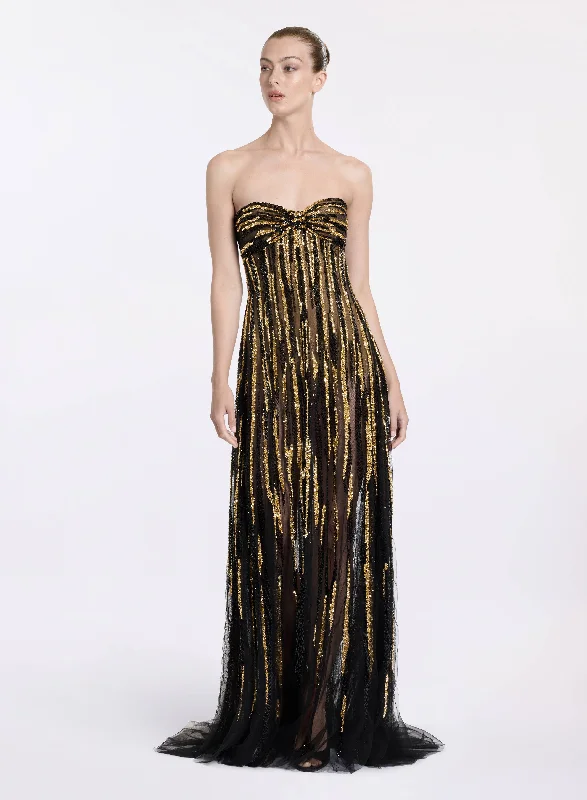 Stripe Embroidered Strapless Dress