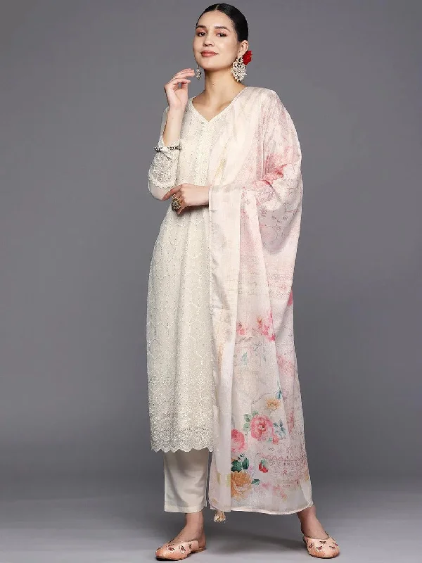 Off-White Embroidered Georgette Straight Kurta With Trousers & Dupatta Trousers fashionable chic