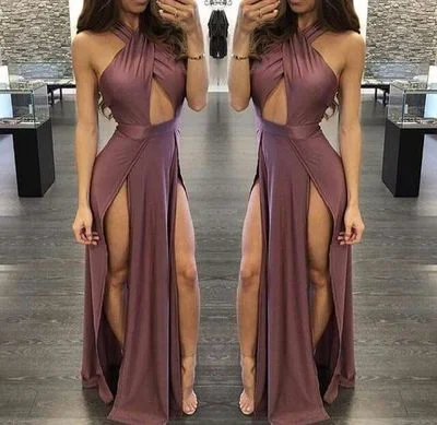 Sexy A Line Prom Dress Halter Sleeveless Side Slit Evening Formal Gowns  cg6256