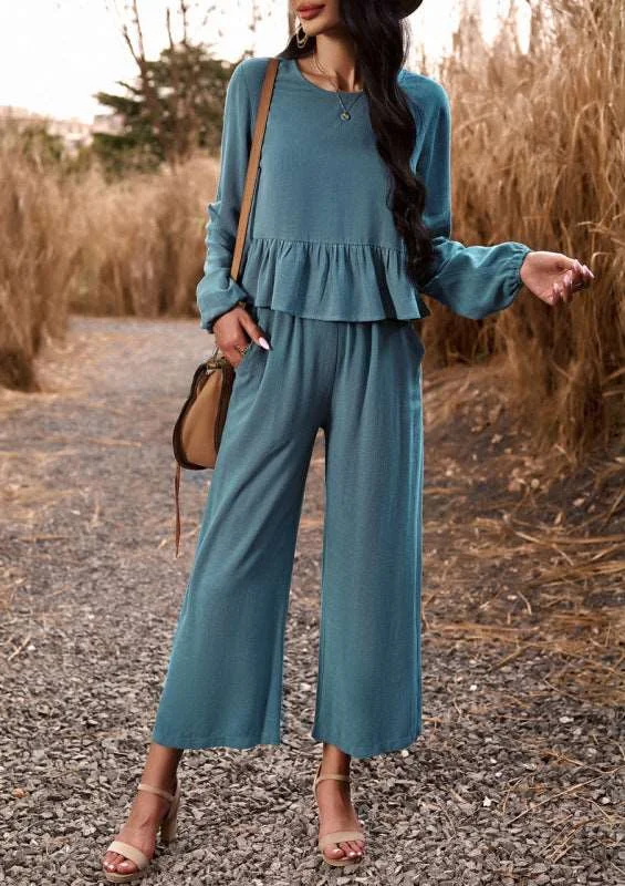 Women casual suit solid color long-sleeved top loose trousers Trousers Fleece Cozy