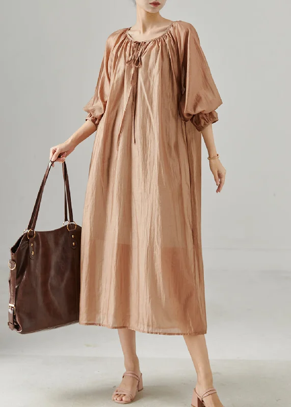 Khaki Cotton Holiday Dress Oversized Lace Up Fall