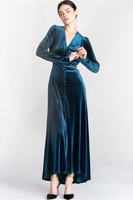 Long Sleeves Blue Velvet Retro Dress