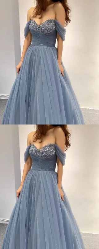 Dusty blue princess prom dresses tulle sweetheart corset off the shouldef for women        cg24016