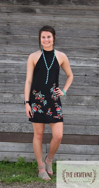 Black High Neck Embroidered Dress