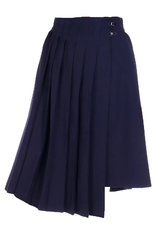 1980s Claude Montana Asymmetrical Pleated Navy Blue Wool Skirt