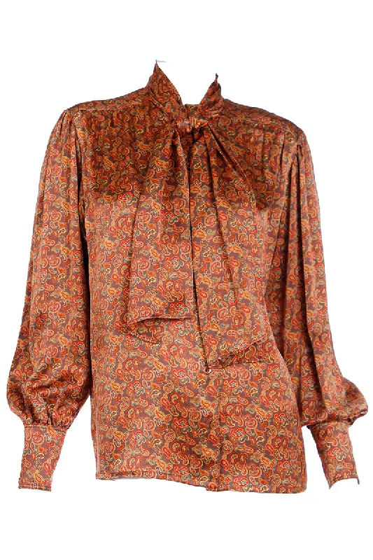 1980s Escada Copper Brown Yellow & Orange Paisley Print Silk Blouse