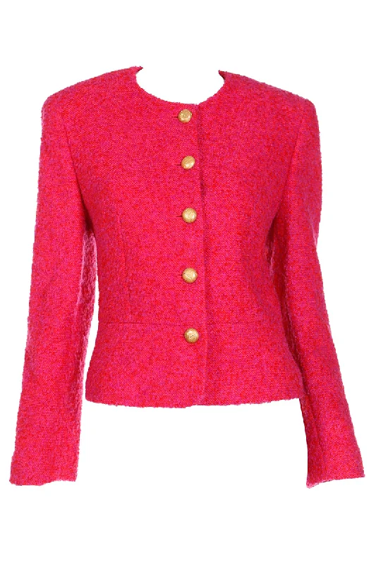 1980s Louis Feraud Pink & Red Boucle Wool Mohair Cropped Jacket