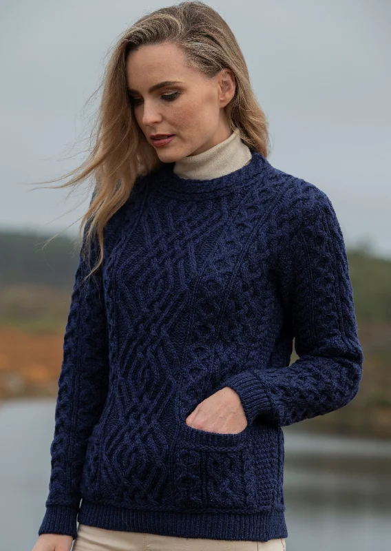 Aran Cable Knit Crew Neck Sweater | Blue