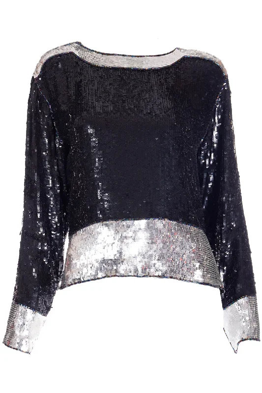 1970s Yves Saint Laurent Black & Silver Beaded & Sequin Silk Evening Top