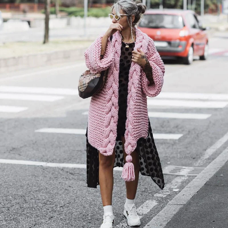 Luxury Fringed Side Slit Long Sleeve Cable Knit Cardigan - Pink