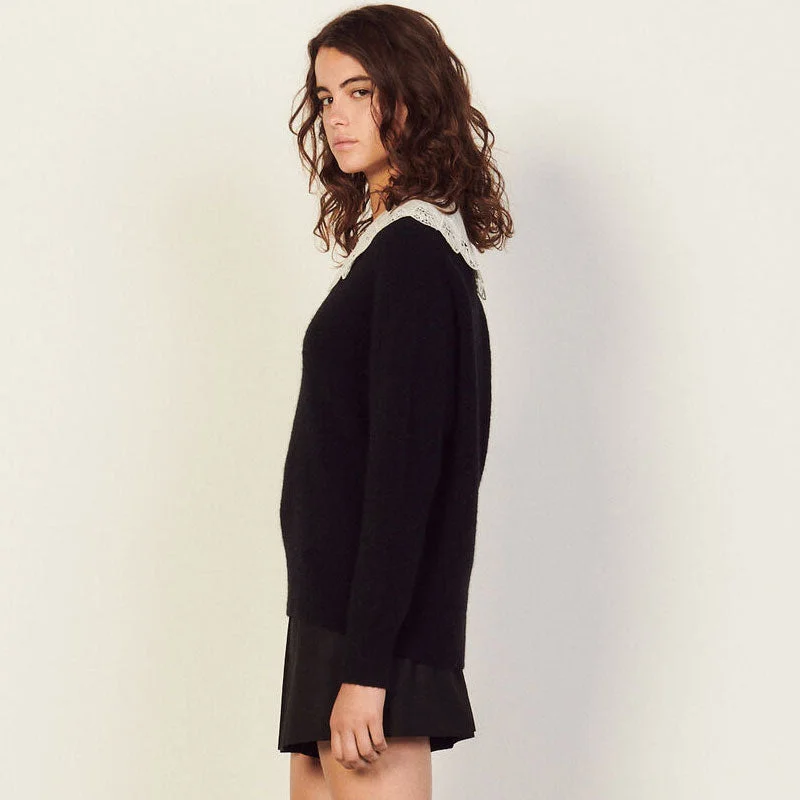 Sweet Peter Pan Collar Deep V Long Sleeve Pullover Sweater - Black