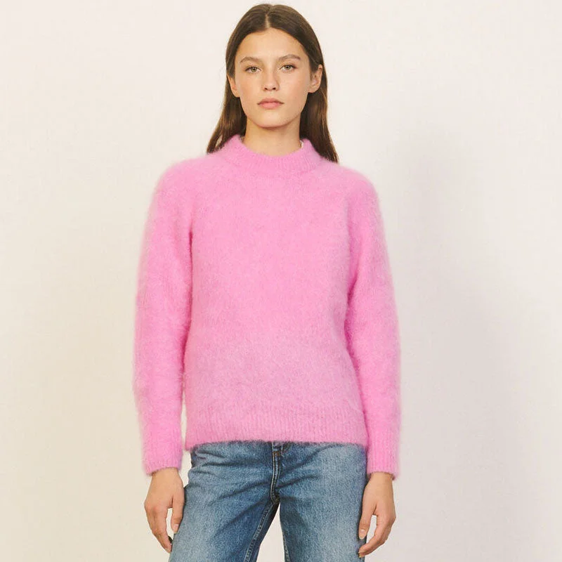 Sweet Round Neck Long Sleeve Mohair Knit Pullover Sweater - Hot Pink