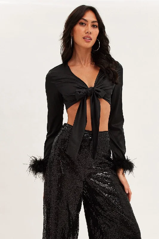 Black Tie Front Feather Bolero V Neck Satin