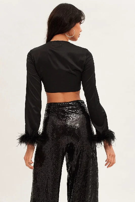 Black Tie Front Feather Bolero V Neck Satin