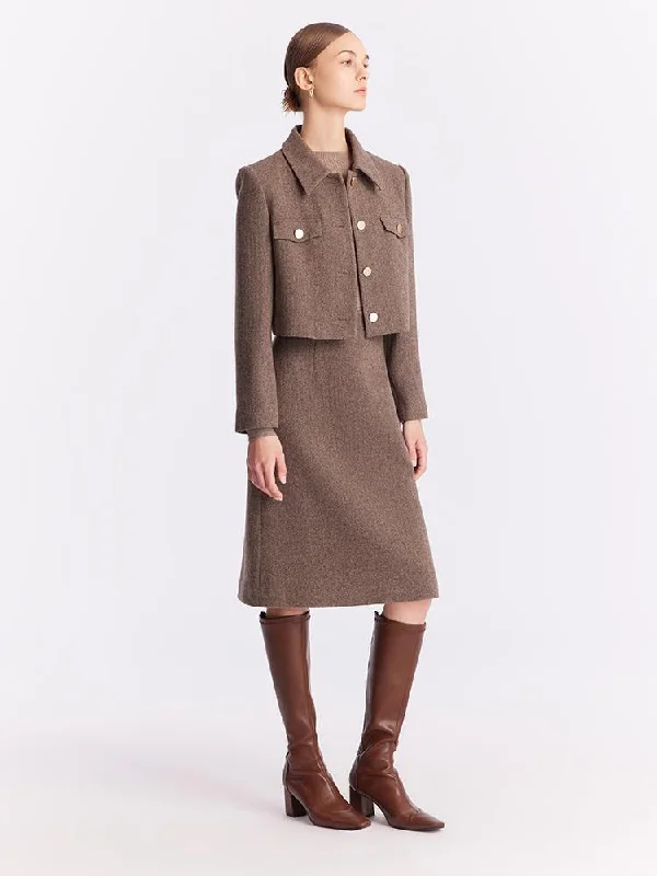 Washable Wool Crop Jacket And Skirt And Sweater Three-Piece Suit