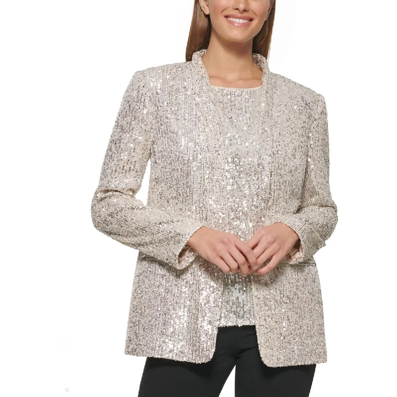 DKNY Womens Sequined Shawl Collar Open-Front Blazer