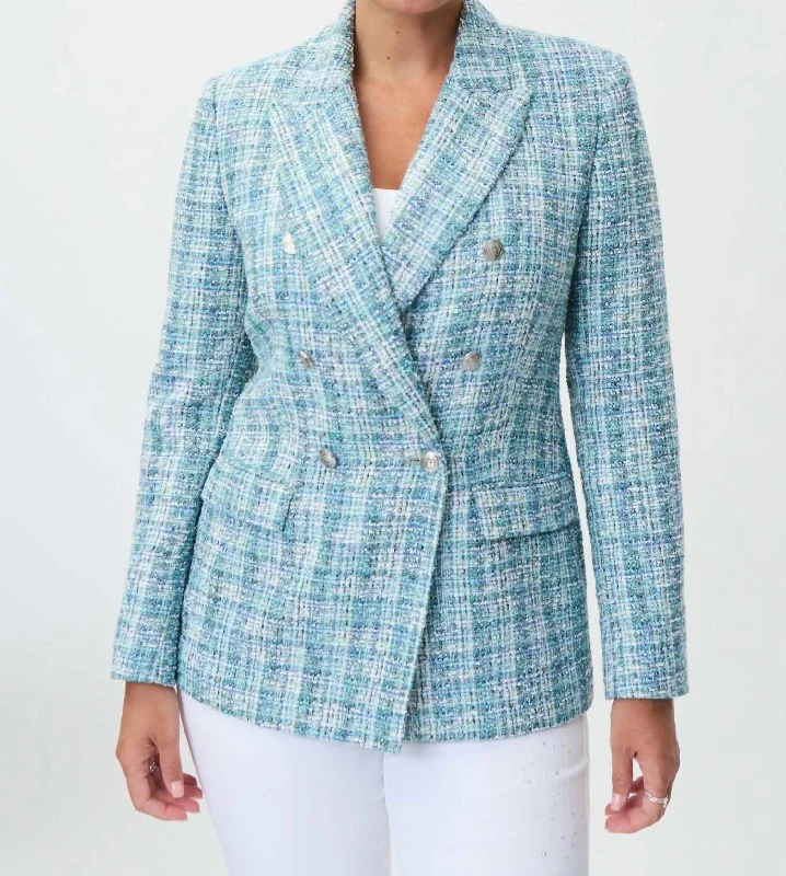 Double Breasted Tweed Blazer In Blue/multi