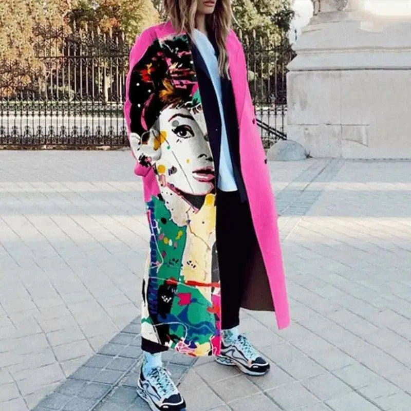 Fashion Printing Stitching Long Dragon And Phoenix Coat