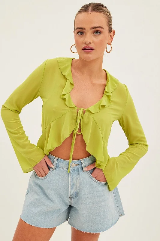 Green Bolero Flare Long Sleeve Frill V Neck Tie Chiffon