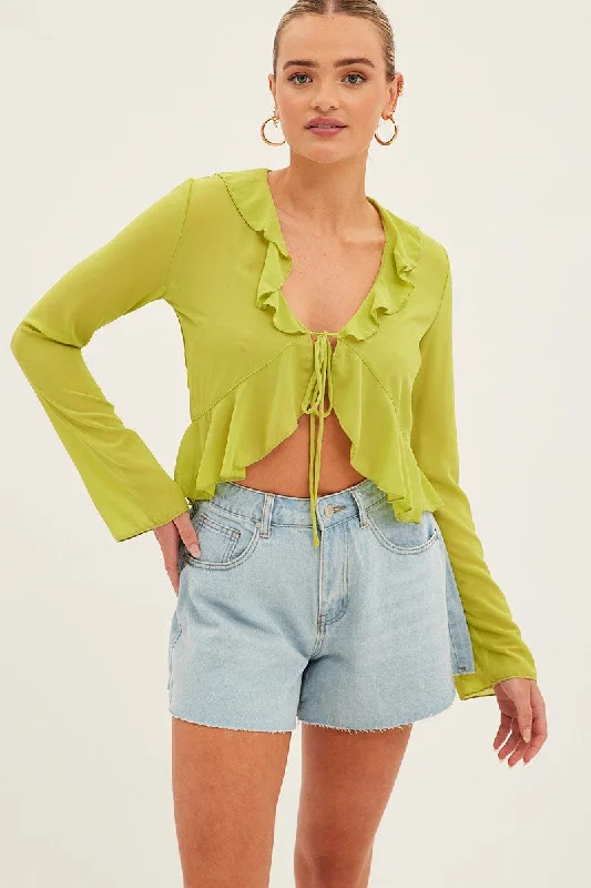 Green Bolero Flare Long Sleeve Frill V Neck Tie Chiffon