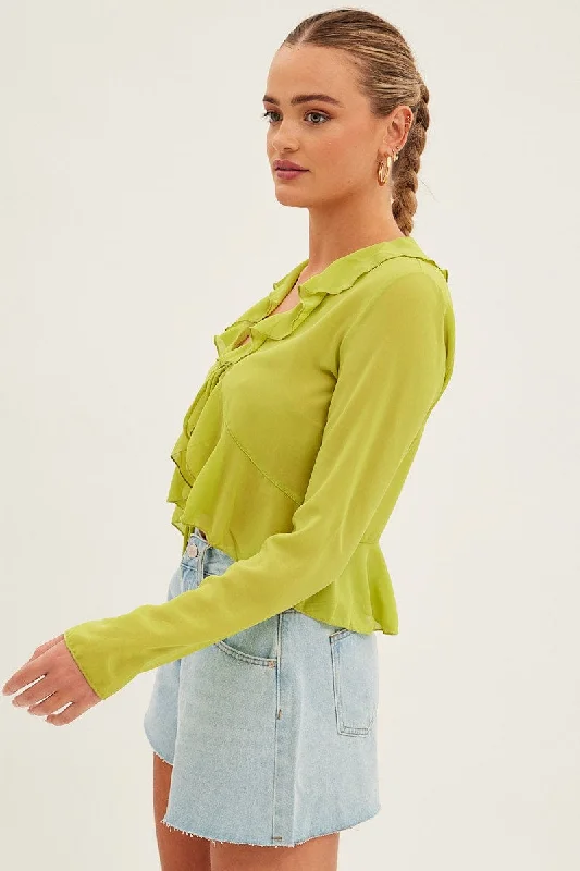 Green Bolero Flare Long Sleeve Frill V Neck Tie Chiffon