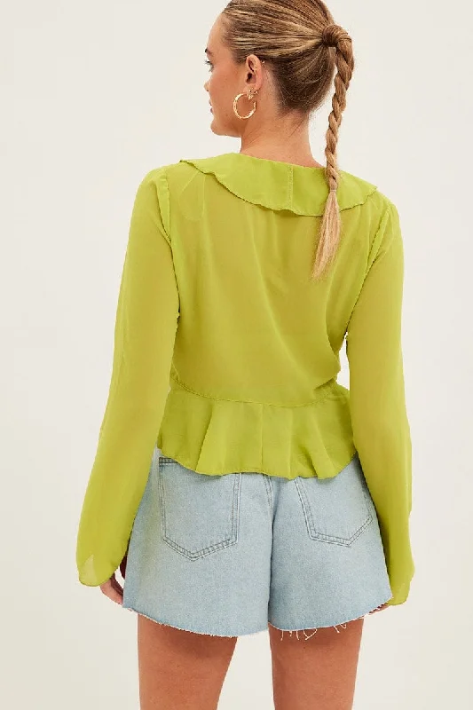 Green Bolero Flare Long Sleeve Frill V Neck Tie Chiffon