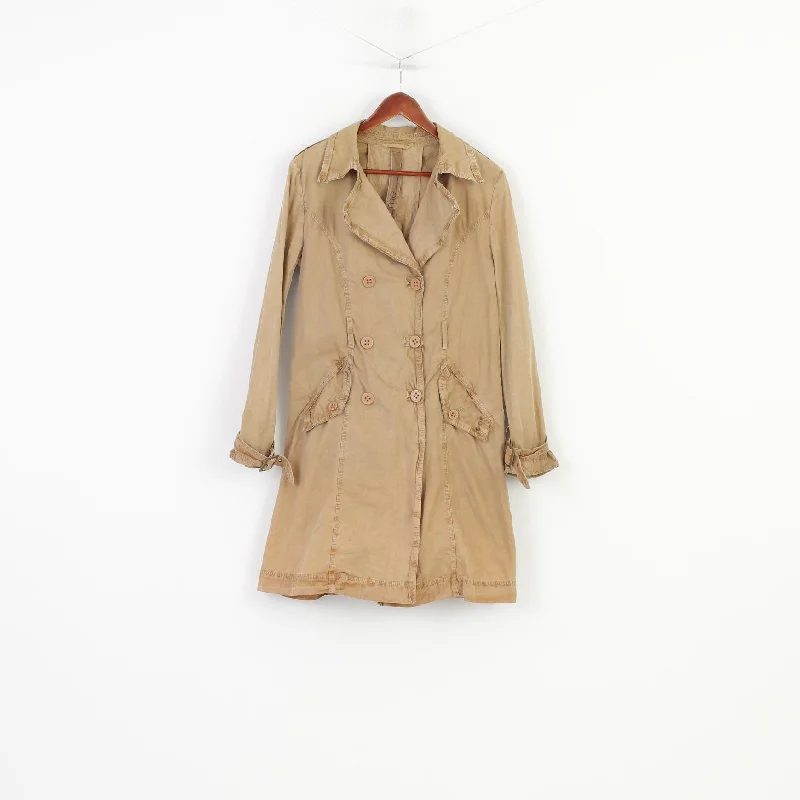 Me.Collection Women 36 S Coat Brown Double Breasted Cotton Vintage Collar Top