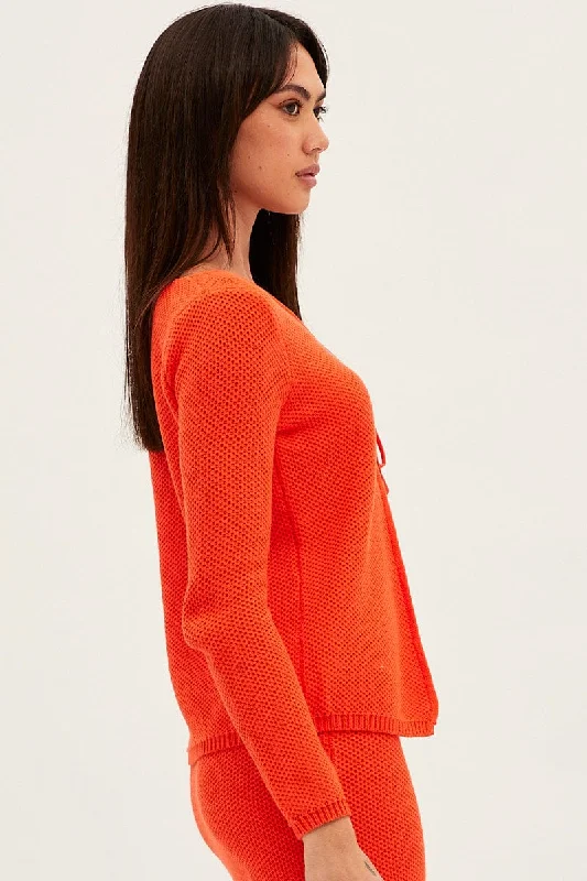 Orange Bolero Long Sleeve V Neck Tie Front Crochet Cotton