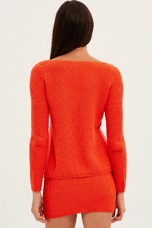 Orange Bolero Long Sleeve V Neck Tie Front Crochet Cotton