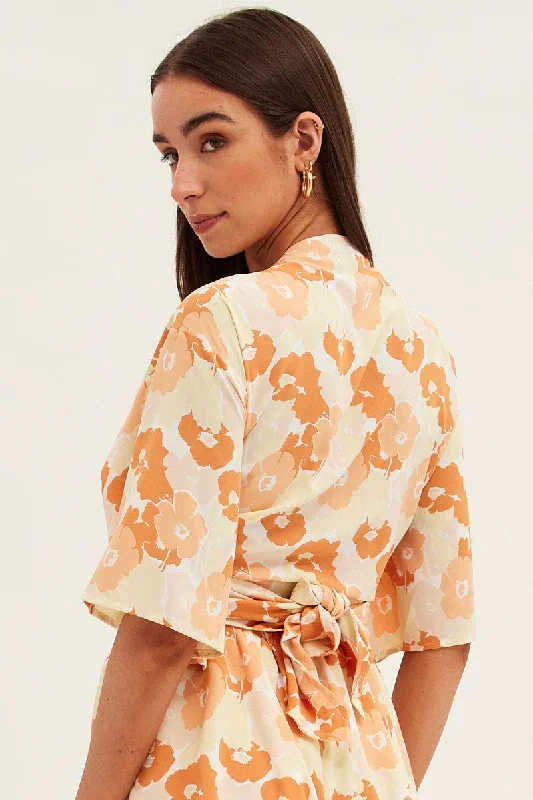 Orange Floral Bolero Top Tie Front Floral Print