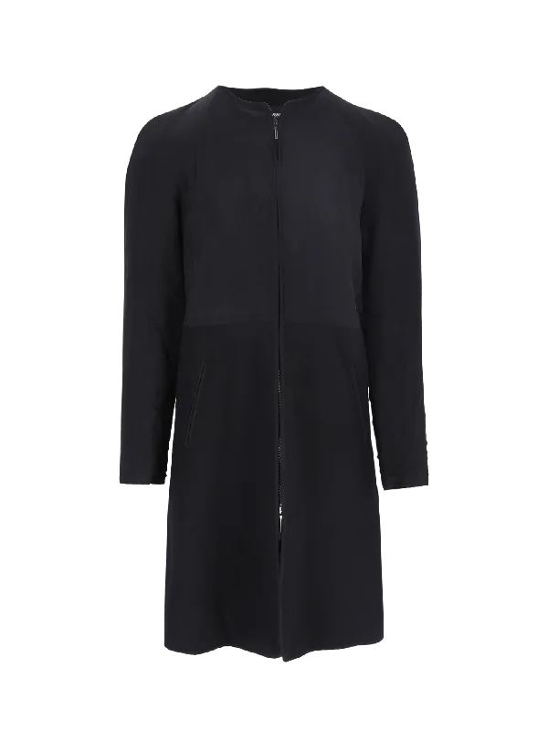 panelled collarless silk and wool-blend coat