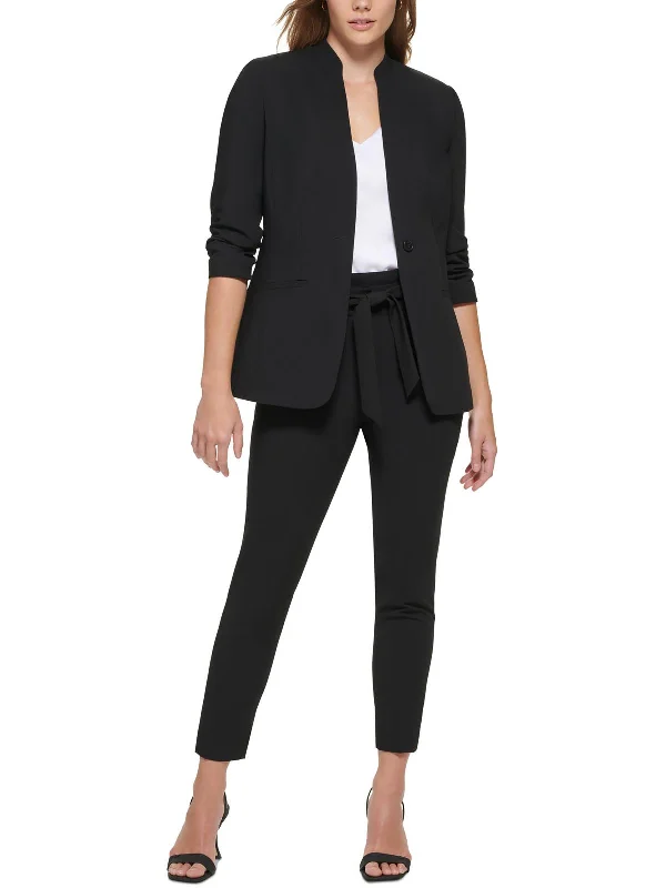 Petites Womens Woven Ruched One-Button Blazer