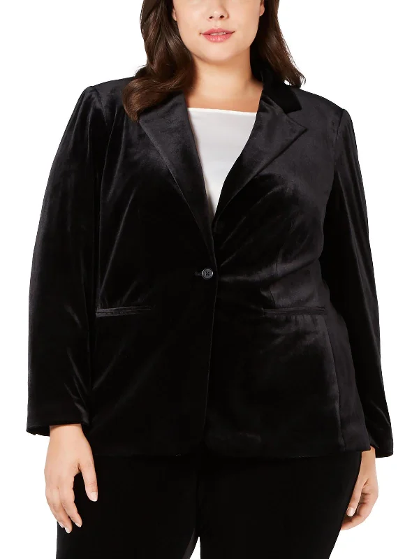 Plus Womens Velvet Dressy One-Button Blazer