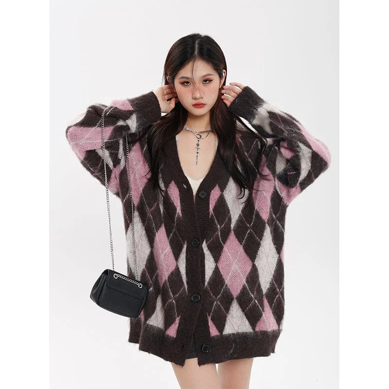 RTK (W) No. 3075 KNITTED V-NECK DIAMOND PLAID CARDIGAN