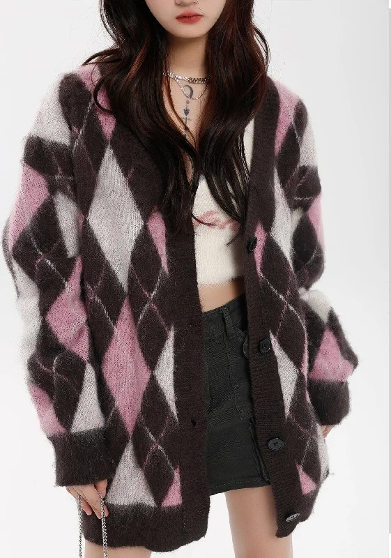 RTK (W) No. 3075 KNITTED V-NECK DIAMOND PLAID CARDIGAN