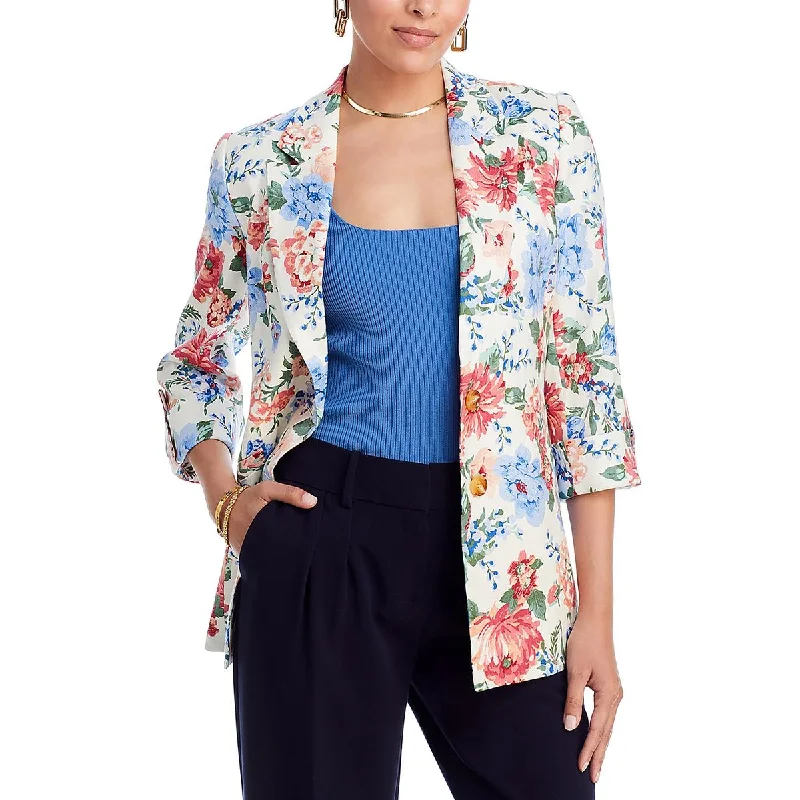 T Tahari Womens Linen Floral Two-Button Blazer