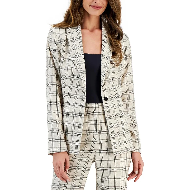 T Tahari Womens Plaid Linen One-Button Blazer