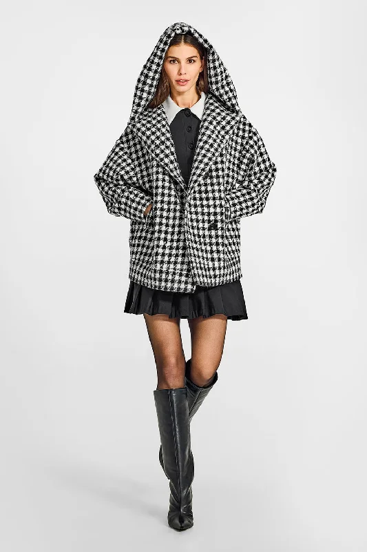 Tweed Houndstooth Suri Alpaca Oversized Hooded Jacket